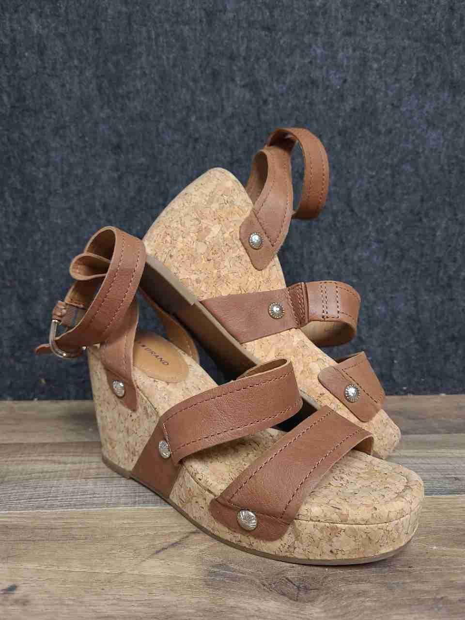 Lucky Brand Valintina Tan Leather Strappy Cork Wedge Sandals Women's Size 8.5