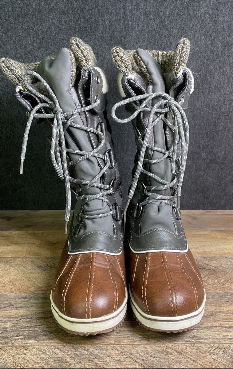 Dream Pairs Women's Faux Fur Quilted Lace Up Snow Boots Grey Brown Size 10