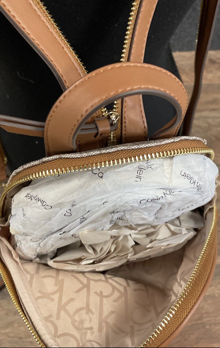 Calvin Klein Beige Tan Monogram Logo Convertible Backpack Sling Bag Gold