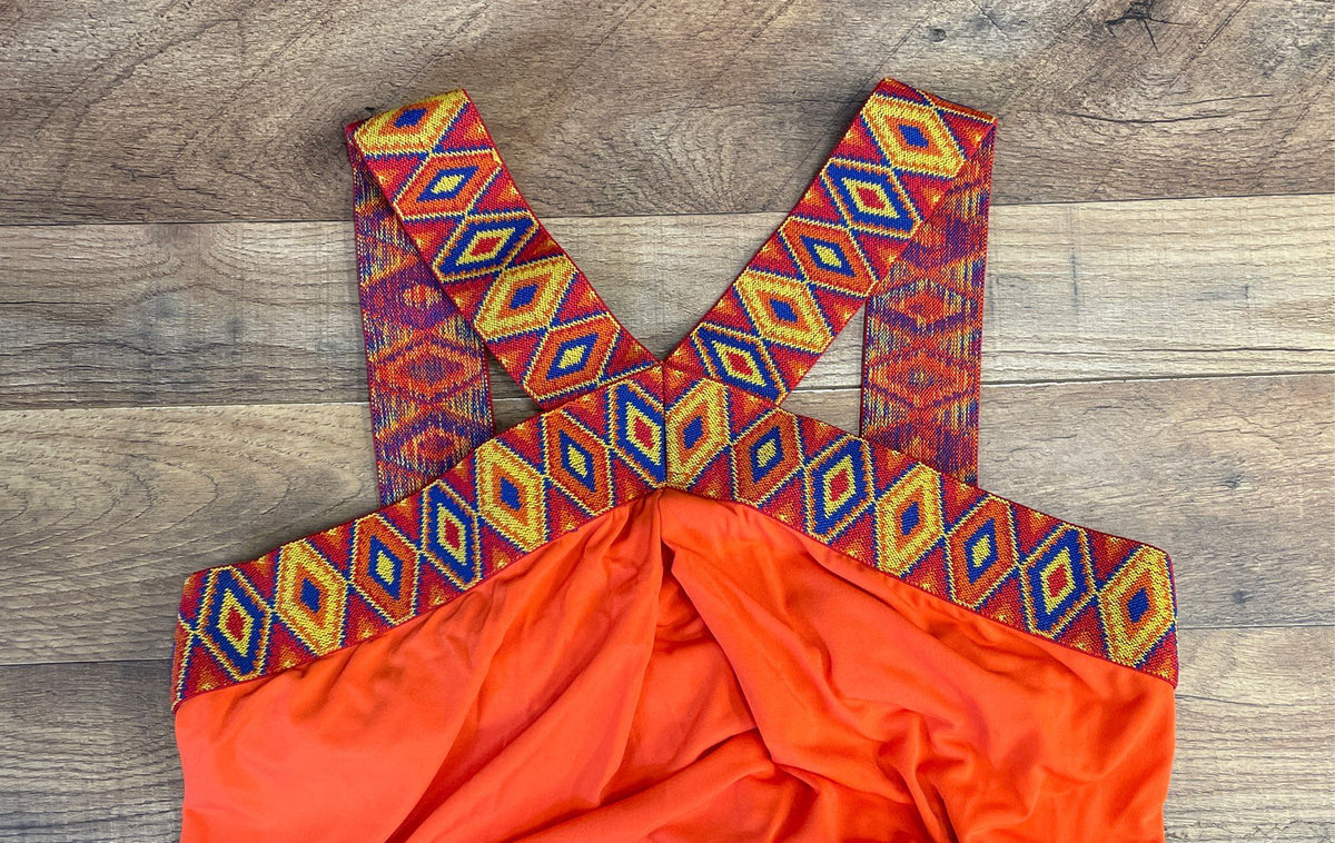 New York & Company Women's Orange Maxi Dress Geometric Patterned Neckline Sz M