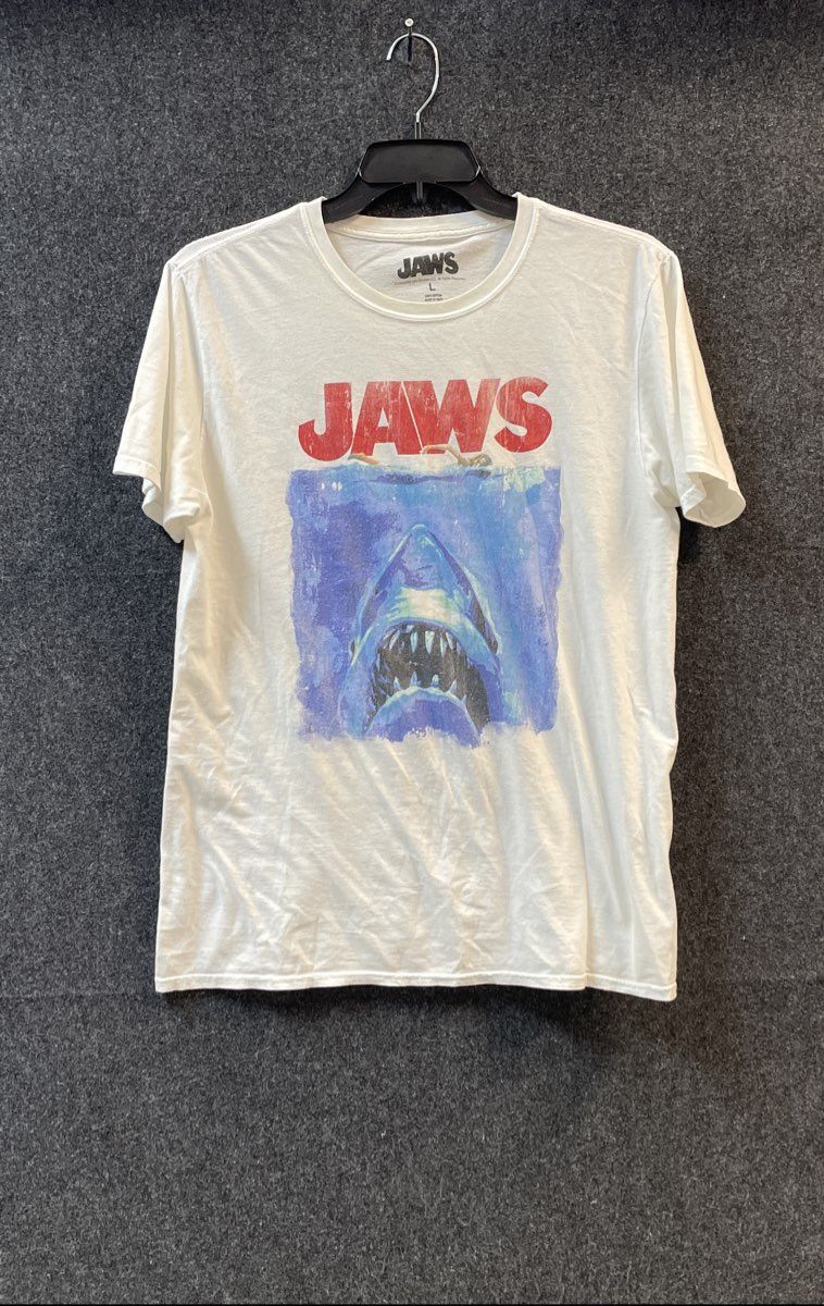 Jaws Men's Movie Graphic T-Shirt White Classic Poster Short Sleeve Size L