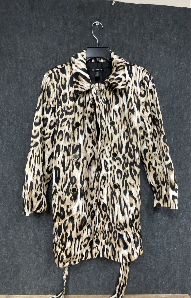INC International Concepts Women's Trench Coat Leopard Print Double Breasted L