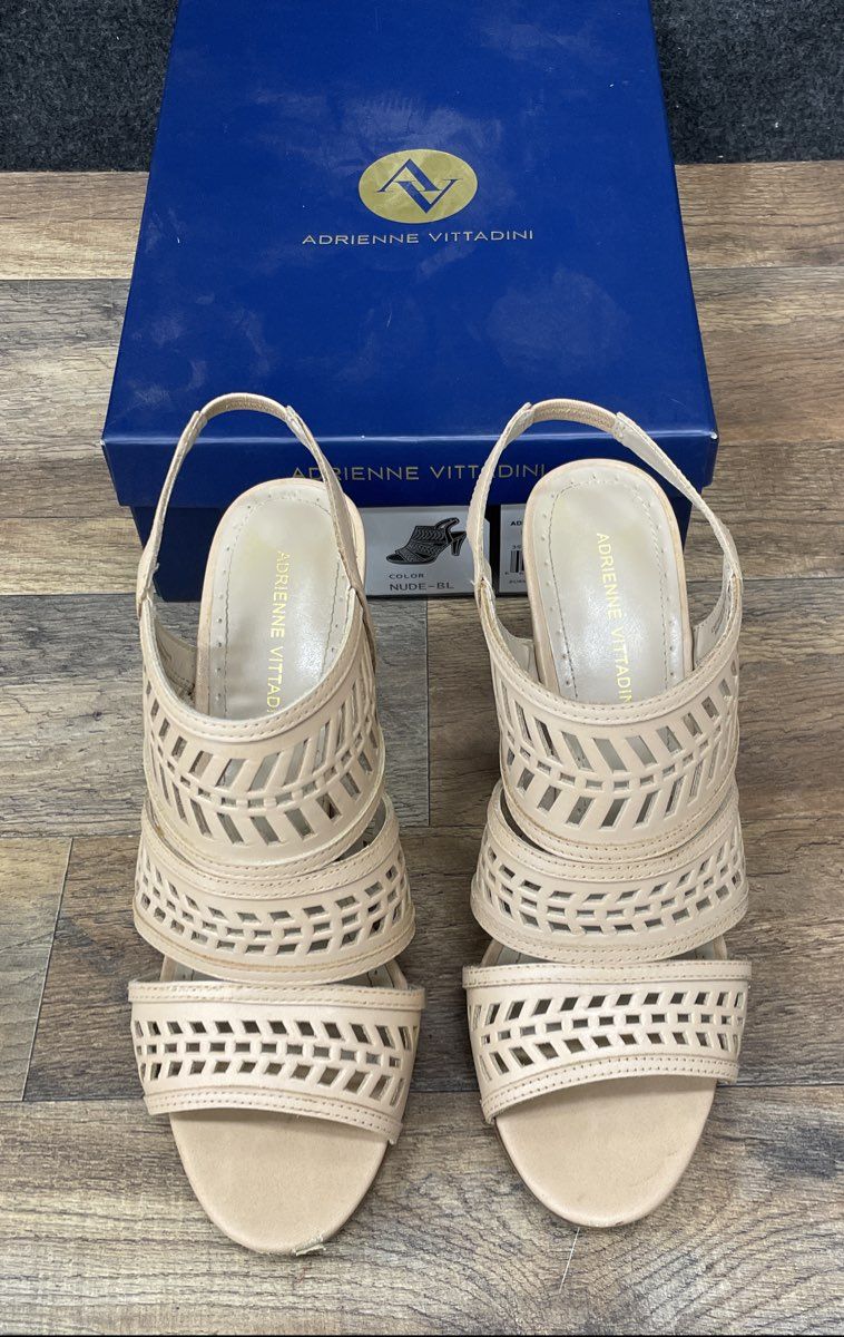 Adrienne Vittadini Prim Nude Leather Laser Cut Platform Slingback Heels Size 9.5