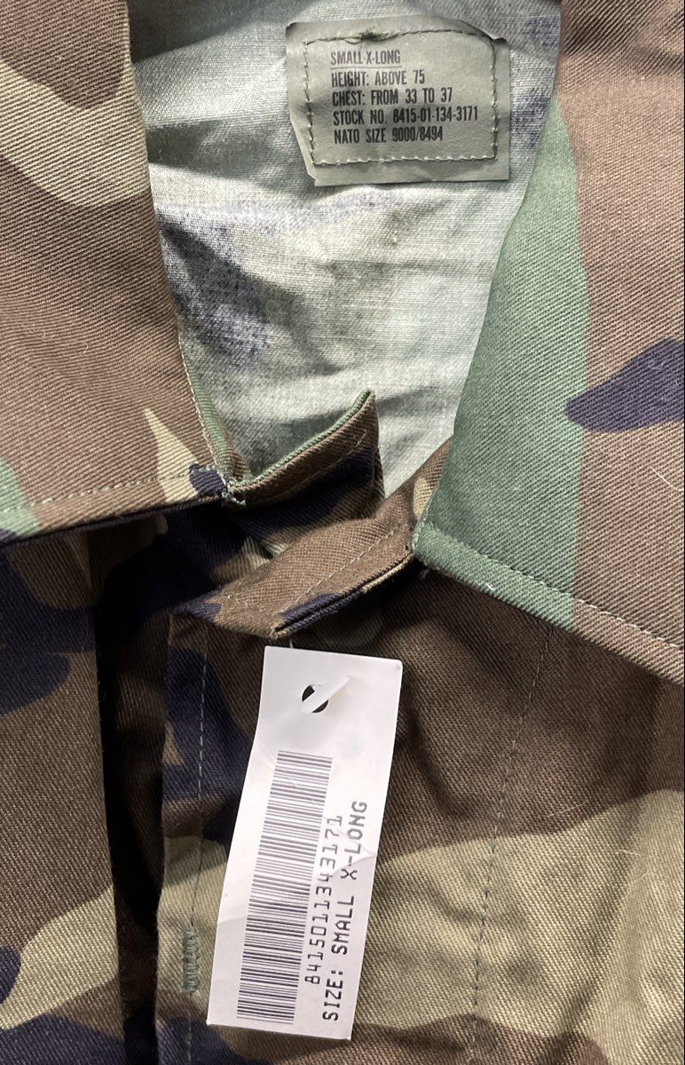 Vintage 1995 US Military Woodland Camo BDU Combat Coat Jacket Sz Small X-Long