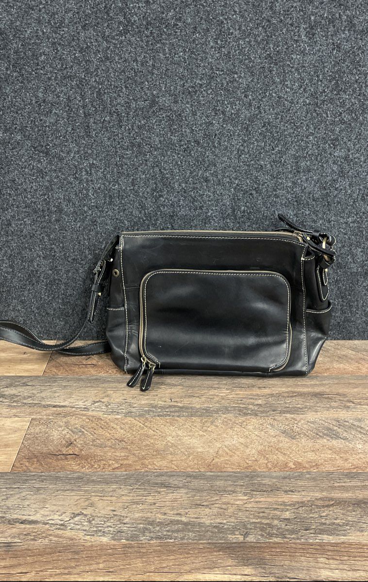 Giani Bernini Black Leather Multi Pocket Crossbody Bag Gold Tone Hardware