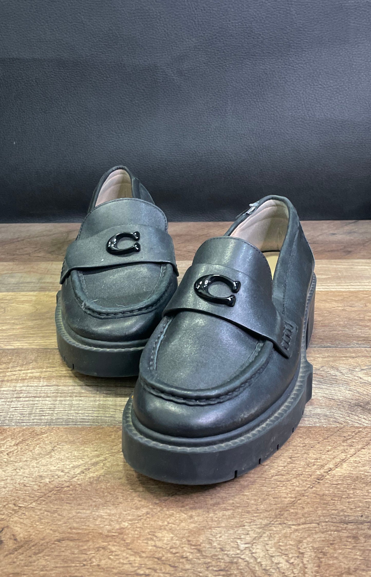 Coach Leah Black Leather Platform Lug Sole Loafers Women's Size 6.5B