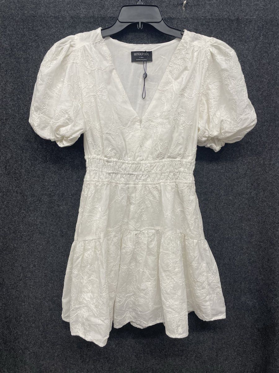 MinkPink White Eyelet Puff Sleeve Smocked Tiered Dress Sz XS NWT