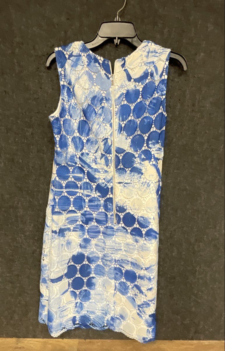 DKNY Women's Sleeveless Sheath Dress Blue White Abstract Lace Overlay Sz 8
