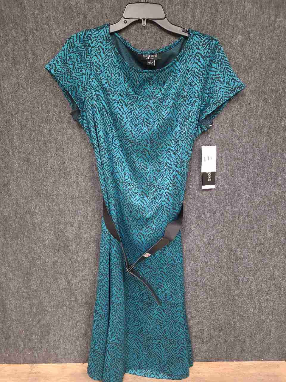 Perceptions Women's Teal Black Chevron Print Belted Cap Sleeve Dress Sz L NWT