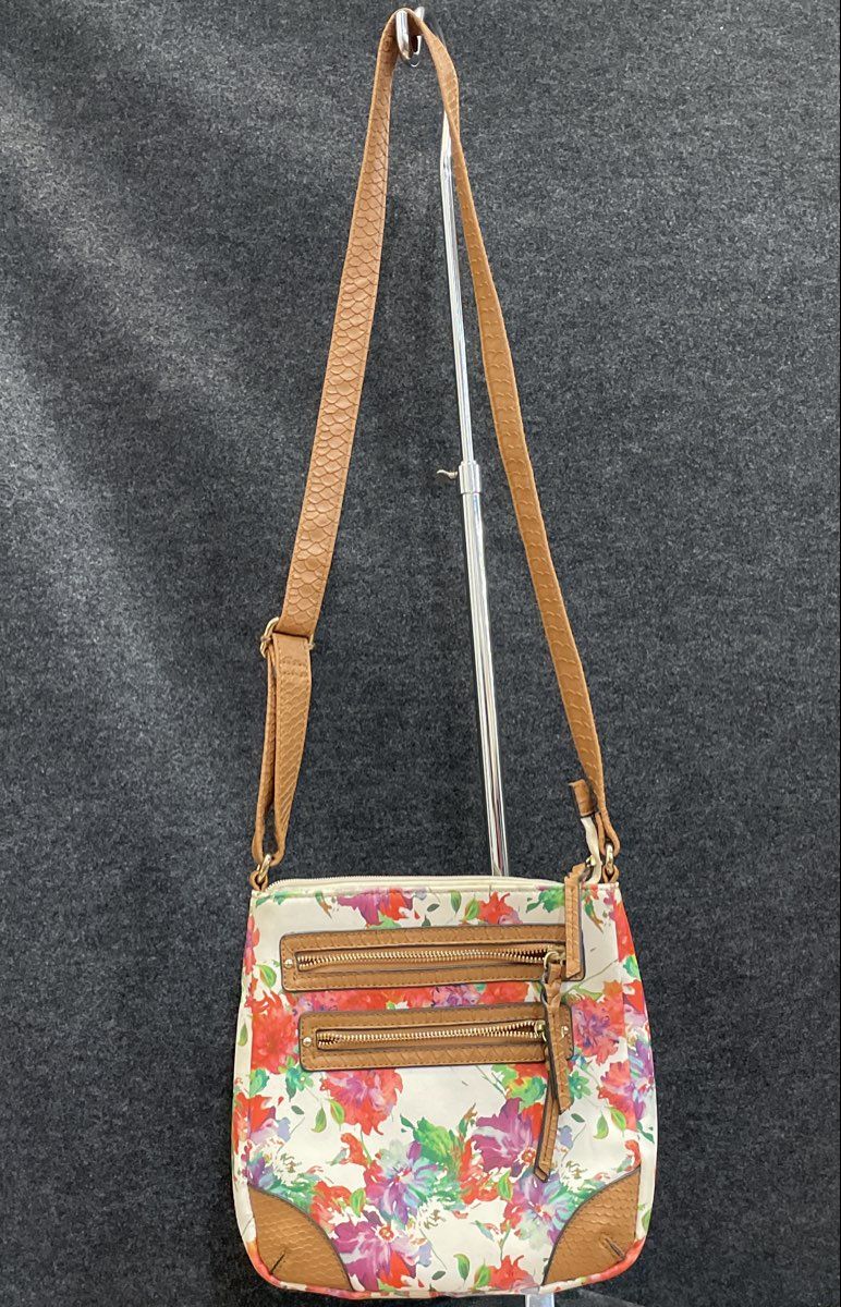Apt. 9 White Multi Floral Leather Crossbody Bag Tan Trim Gold Tone