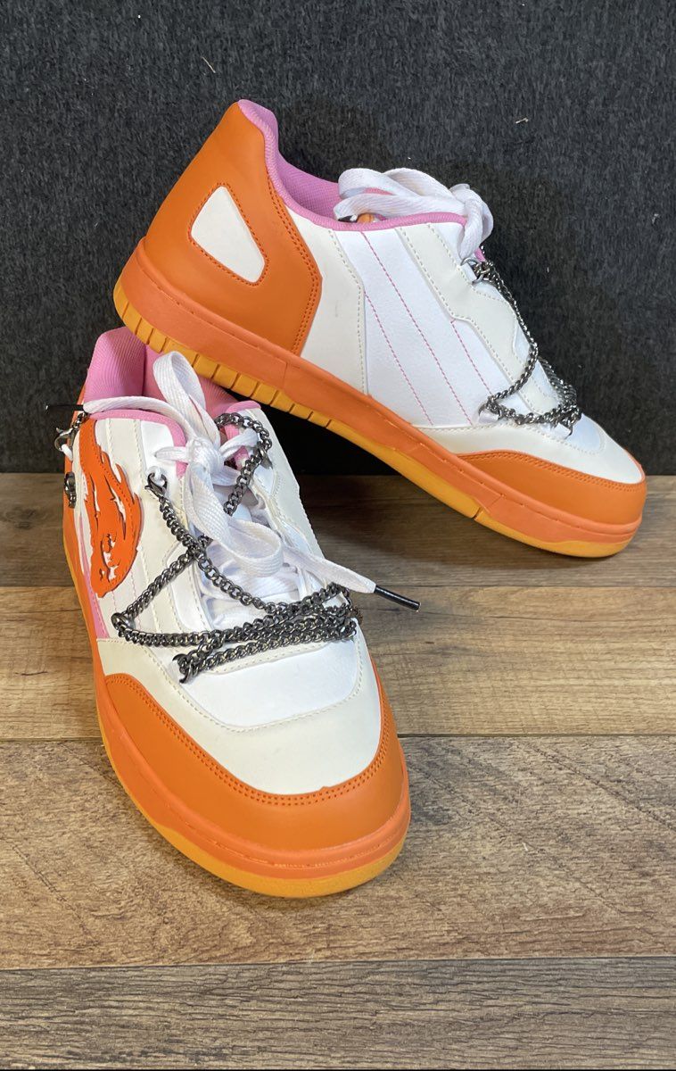 Brand X White Orange Pink Flame Graphic Chain Lifestyle Sneakers Size 8