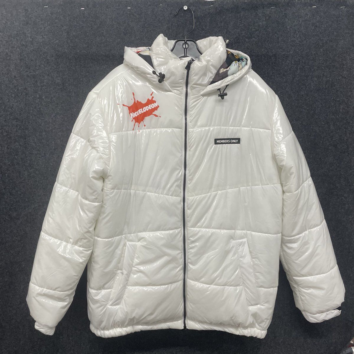 Members Only x Nickelodeon Men's White High Shine Puffer Jacket Hooded Sz M