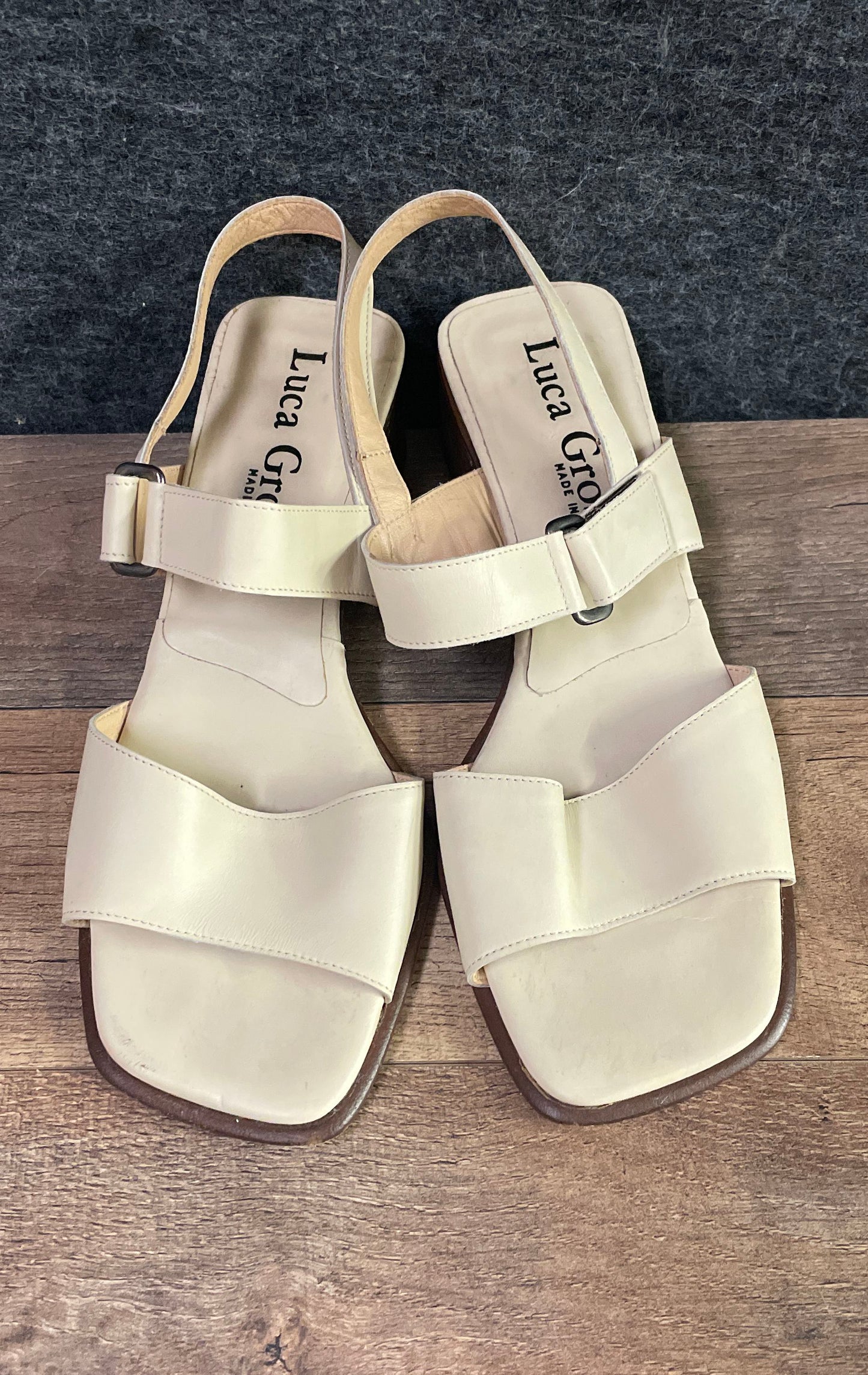 Vintage 90s Luca Grossi Cream Leather Square Toe Block Heel Sandals Size EU 36