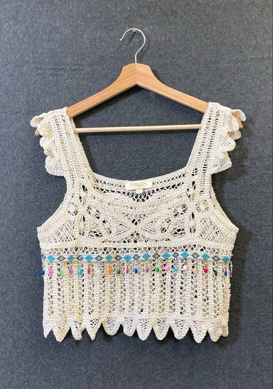 Rebellion Women's Cream Embellished Crochet Beaded Scalloped Boho Crop Top Sz L