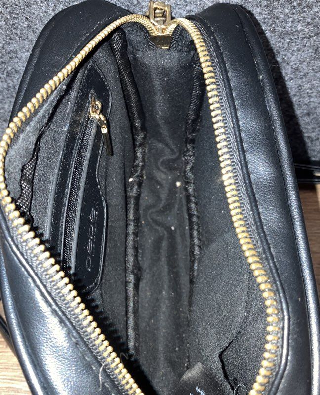 bebe Black Faux Leather Camera Crossbody Bag Gold Logo Rhinestone Charm