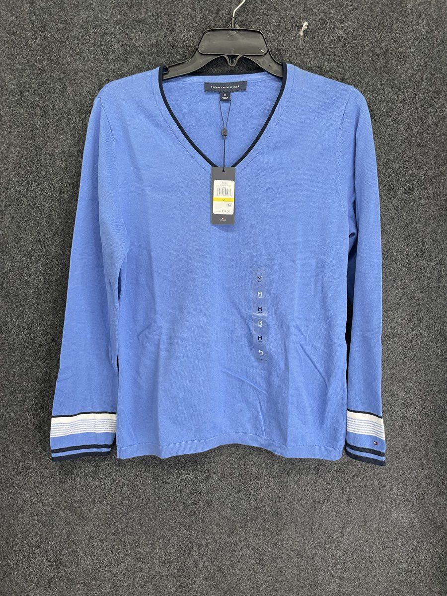 Tommy Hilfiger Women's Ivy 2 V-Neck Sweater Blue Striped Cuff Cotton NWT Sz M