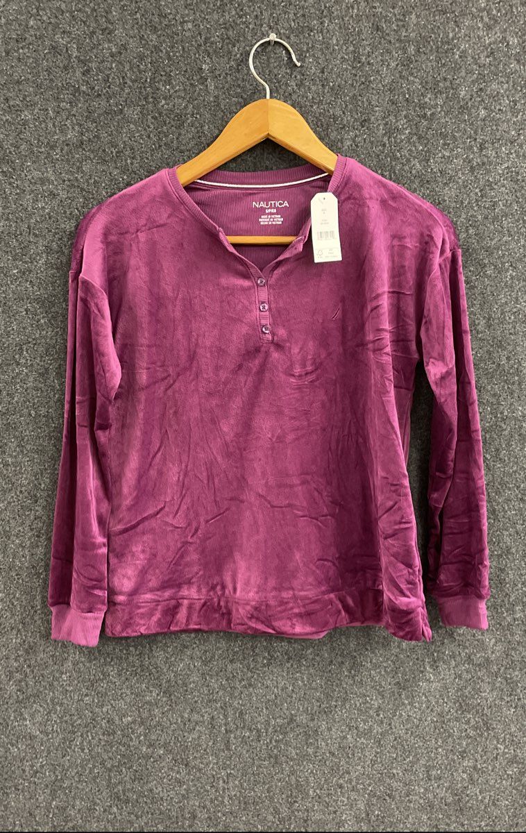Nautica Women's Plum Velour Stretch Henley Long Sleeve Shirt NWT Size S