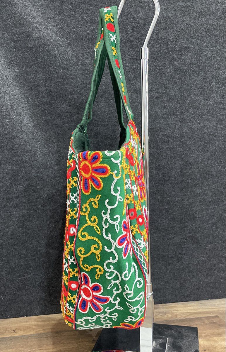 Green Embroidered Elephant Shisha Mirror Work Fabric Tote Shoulder Bag