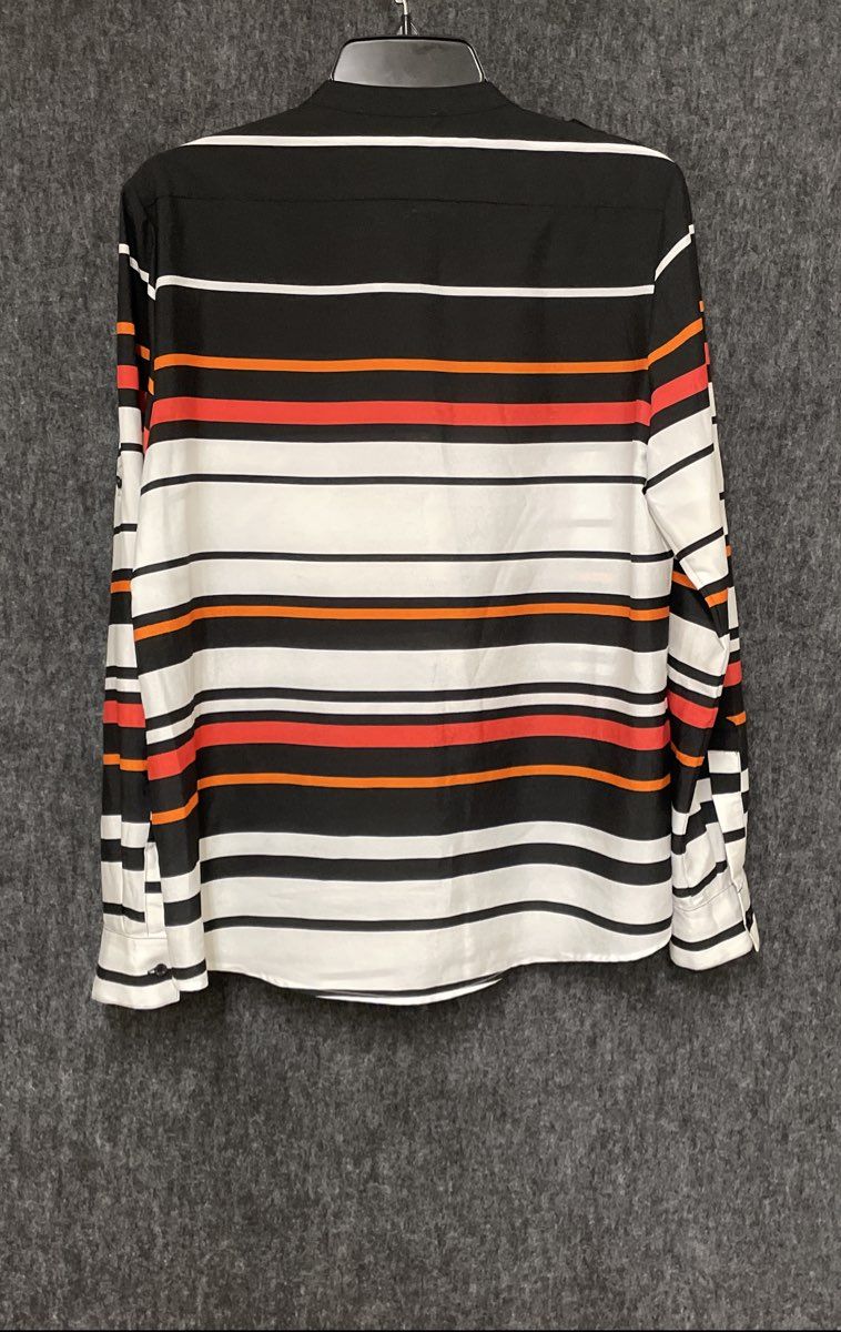 Calvin Klein Women's Black White Striped Blouse Roll Tab Sleeve Epaulette Sz M