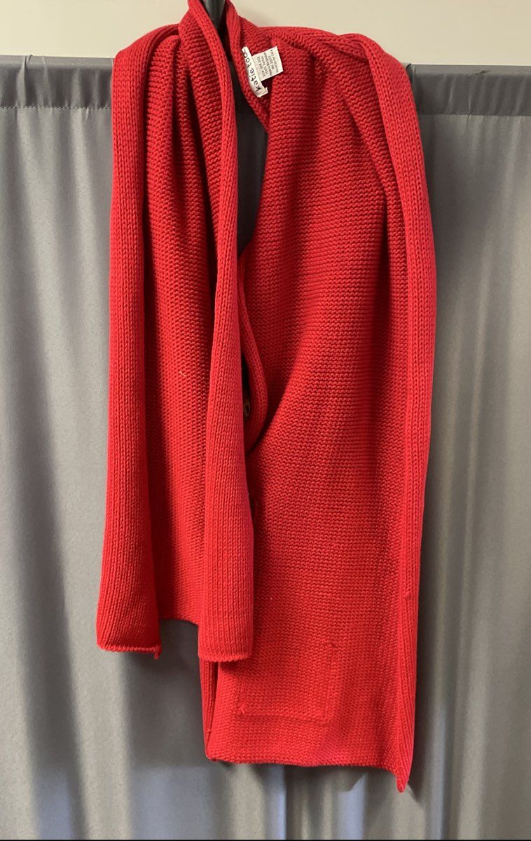 Katie Todd Women's Red 100% Cotton Chunky Knit Cardigan Scarf Large Buttons OS