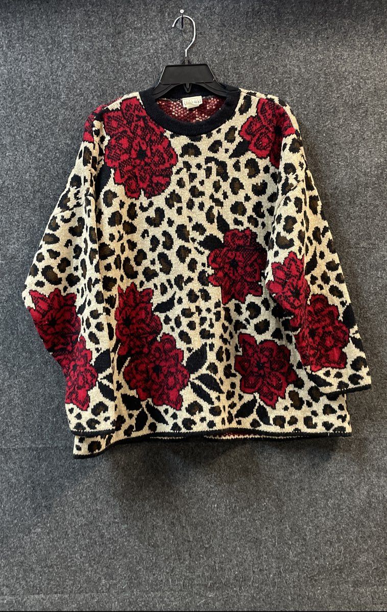 Vintage 90s Just For Women Leopard Floral Rose Sweater USA Sz 3X