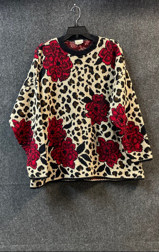 Vintage 90s Just For Women Leopard Floral Rose Sweater USA Sz 3X