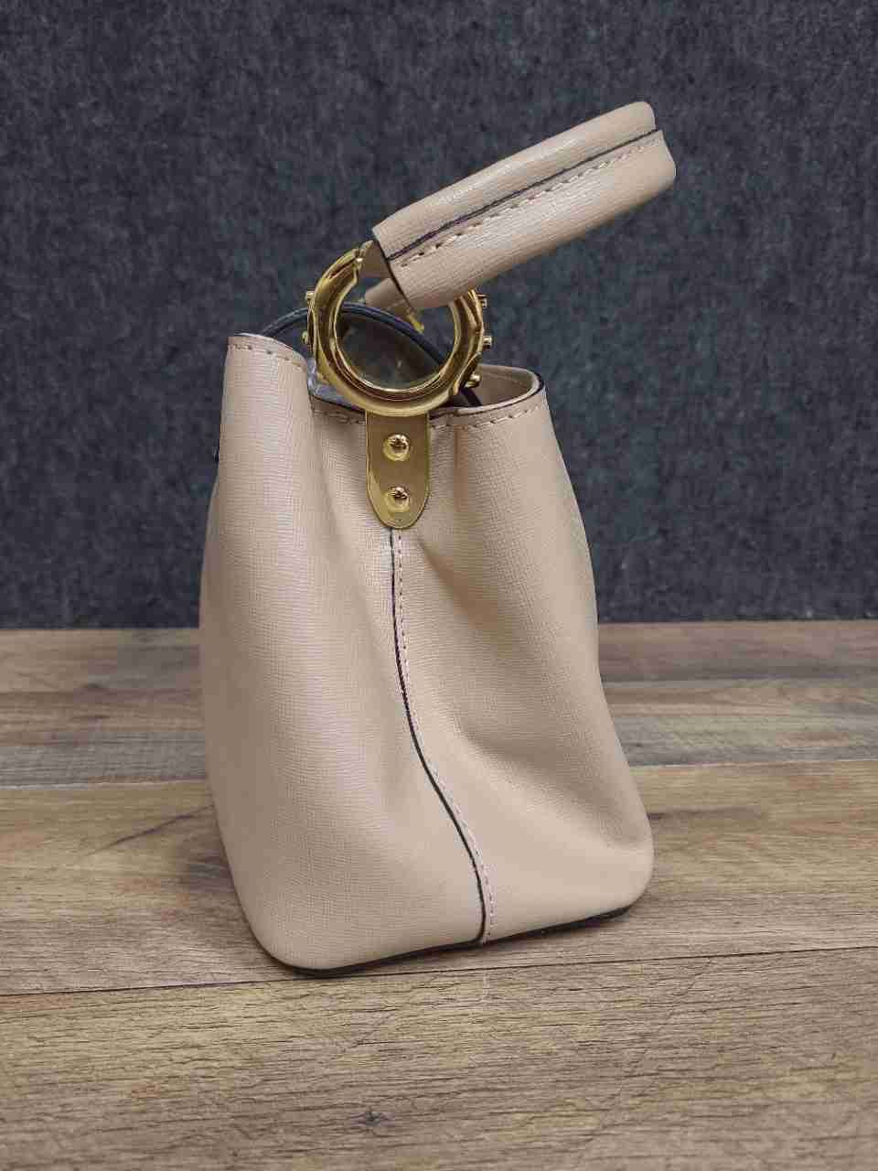 Vera Pelle Beige Saffiano Italian Leather Top Handle Satchel Bag Medium