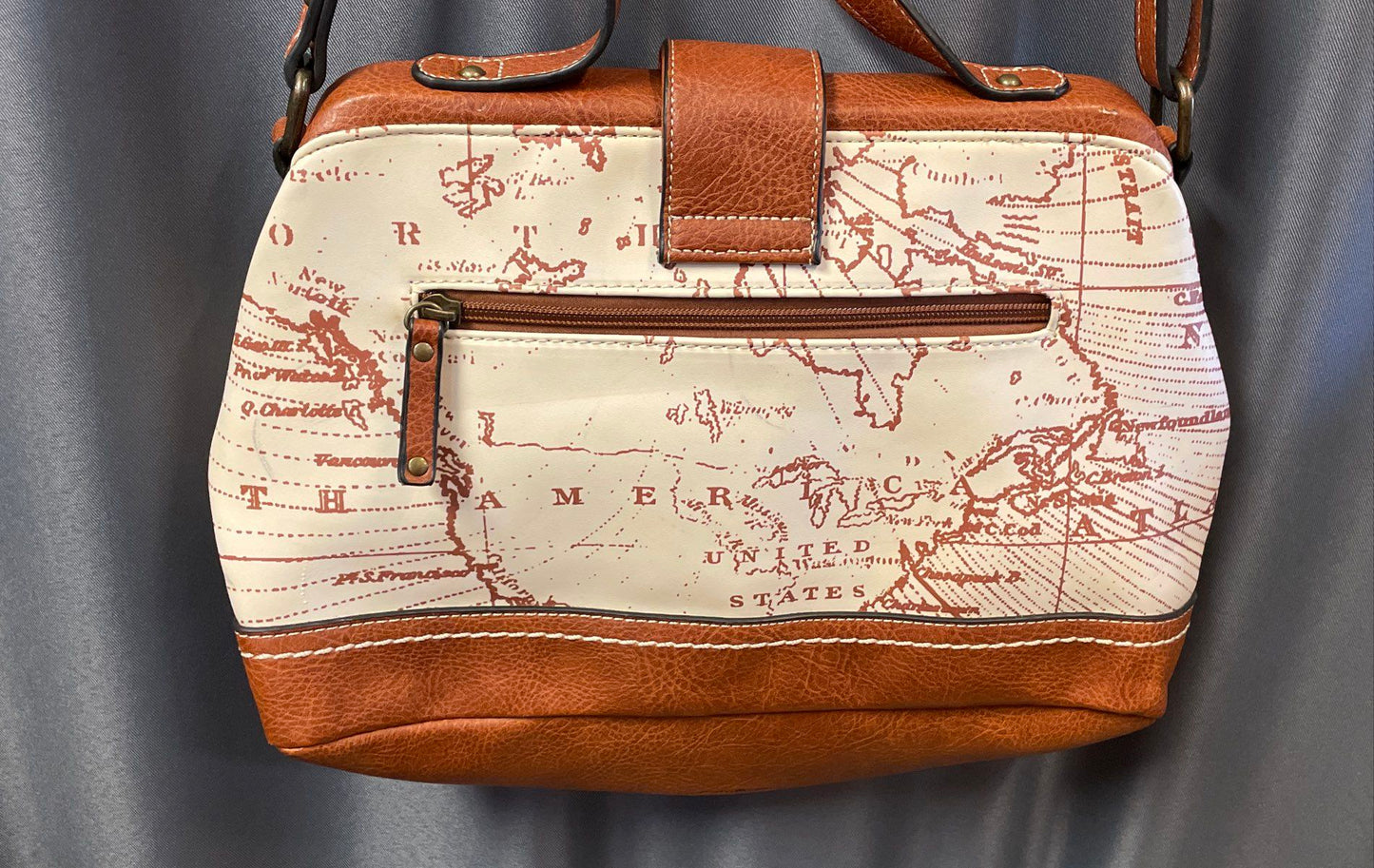 B.O.C. Born Concept Brown Off White Map Print Crossbody Satchel Bag Purse