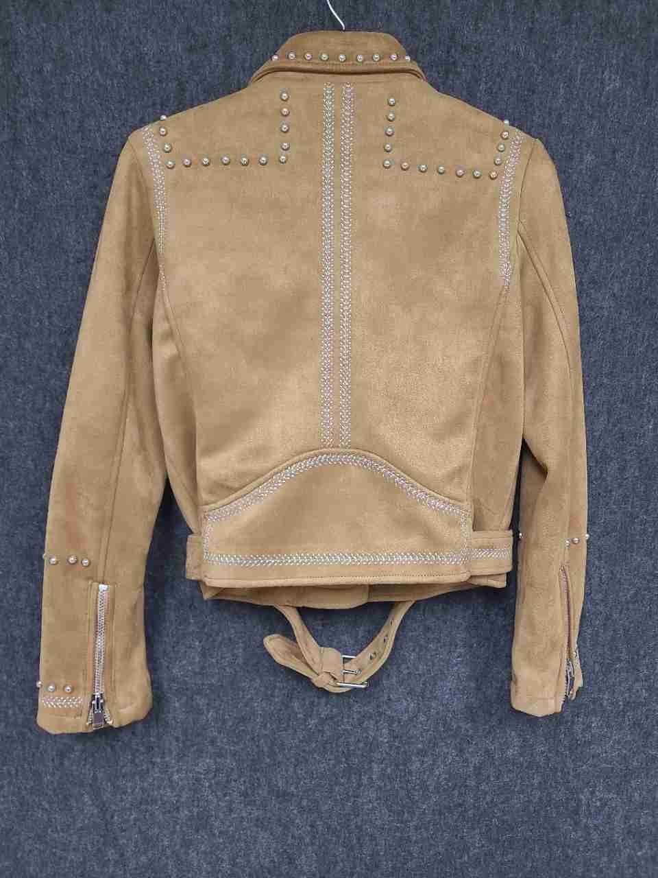 Zara Women's Tan Faux Suede Studded Asymmetric Biker Moto Jacket Belted Sz S