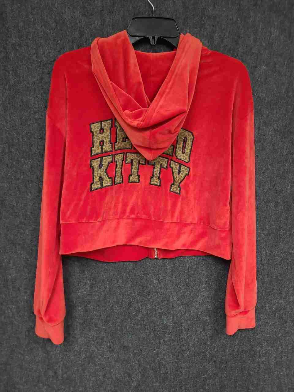 Sanrio Hello Kitty Women's Red Velour Cropped Zip Up Hoodie Leopard Print Sz SM