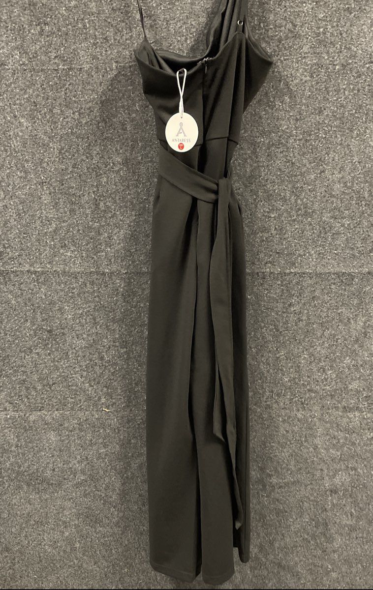 Anrabess Women's Jumpsuit Black One Shoulder Tie Waist Wide Leg Formal NWT Sz L