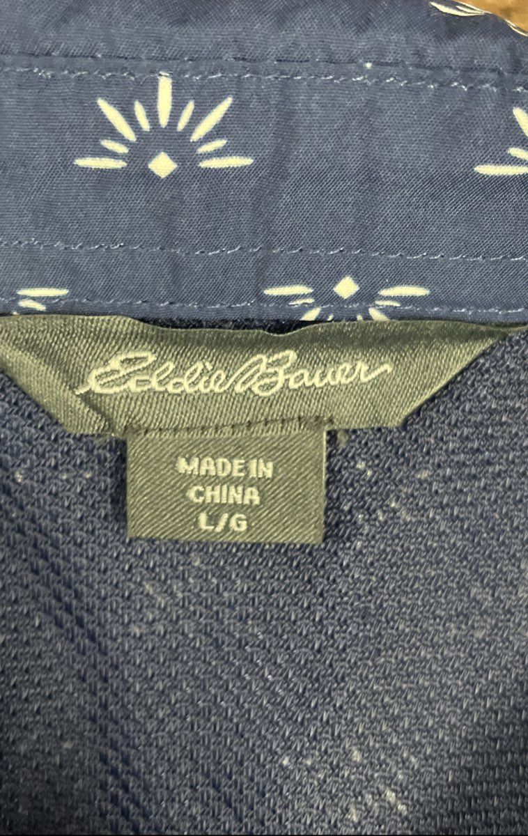 Eddie Bauer Women's Blue White Starburst Short Sleeve Button Down Shirt Size L