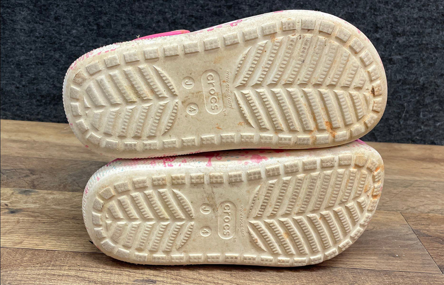 Crocs Barbie Classic Clog Pink White Patterned Sole with Charms Youth Size J4