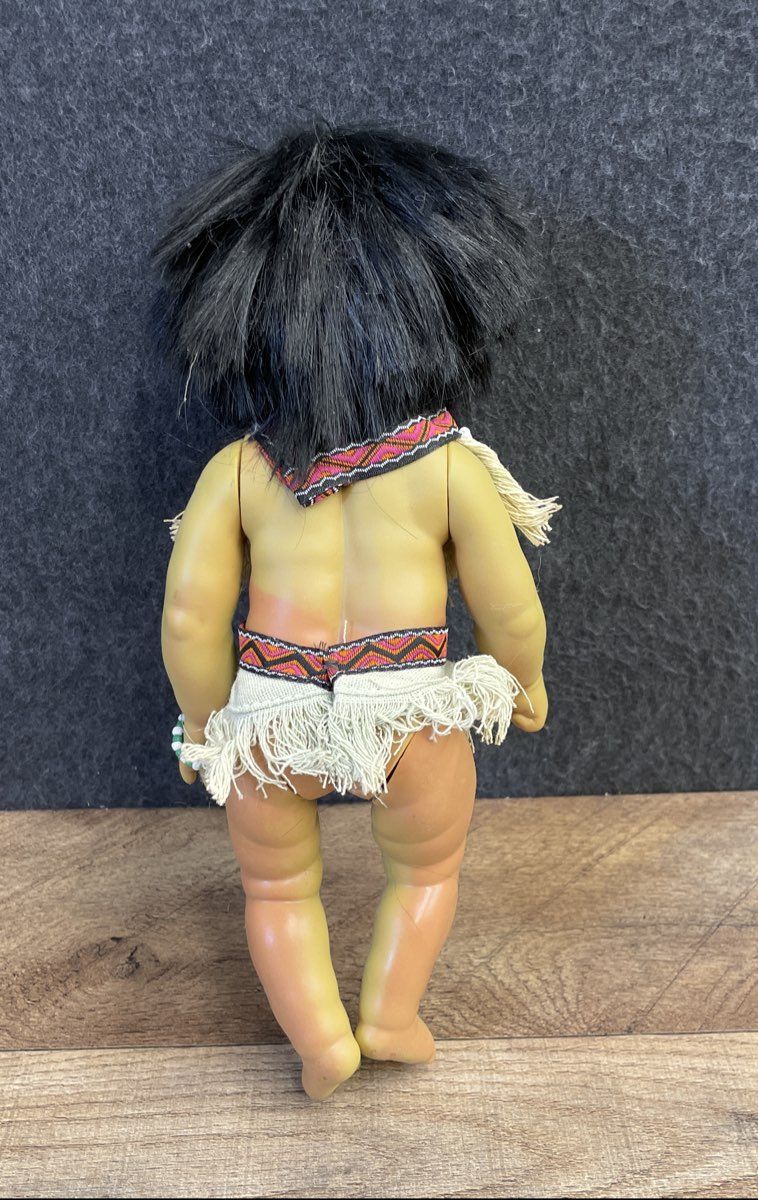 Vintage Native American Style Doll Vinyl 13" Beaded Outfit Faux Fur Hair