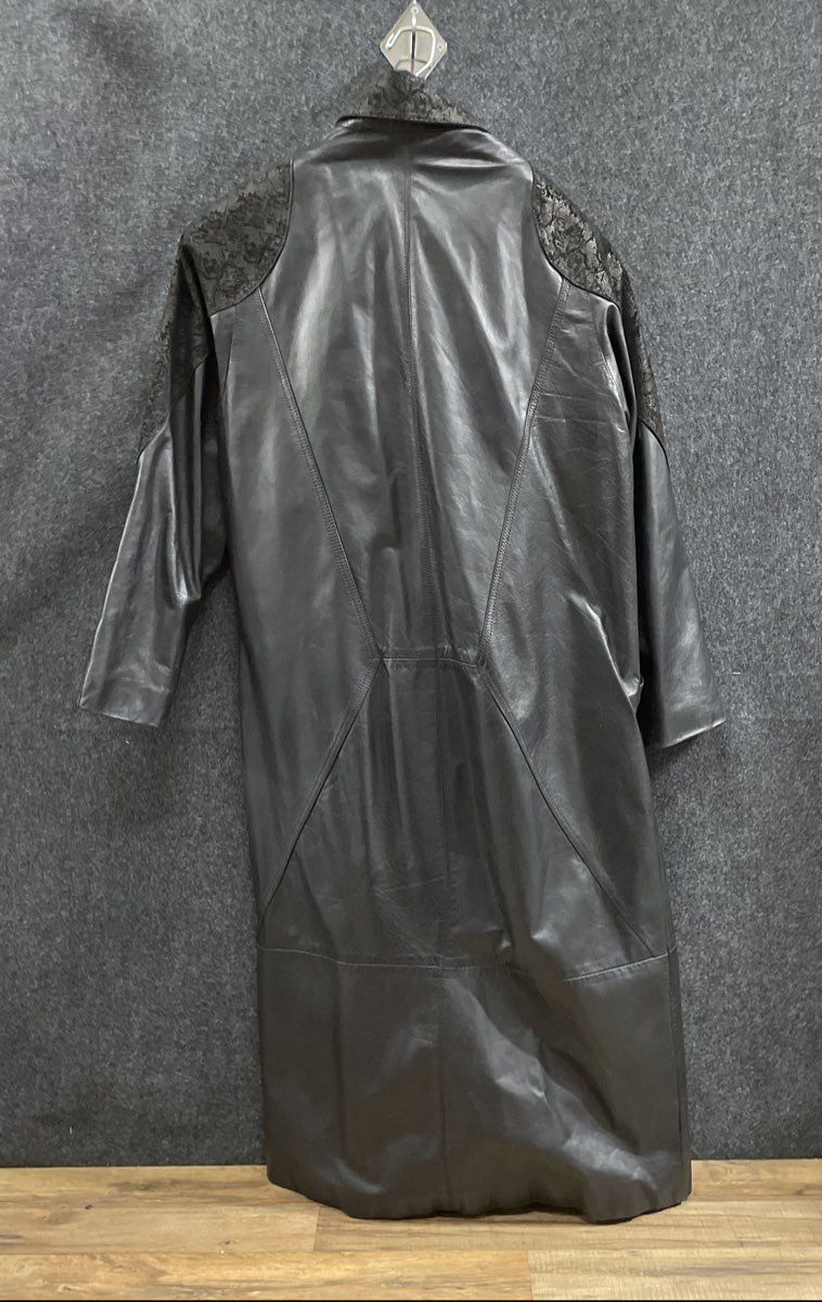 Winlit Women's Vintage 80s Black Leather Brocade Trench Coat Jacket Duster L