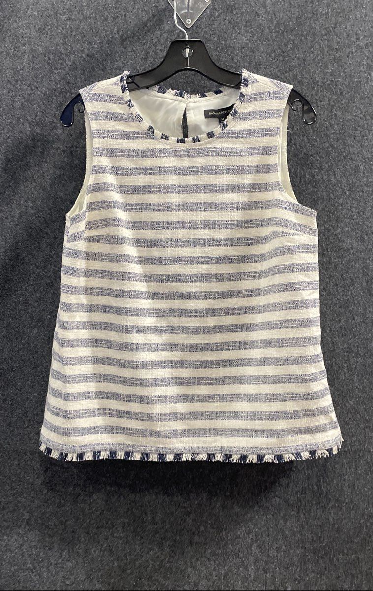Banana Republic Women's Blue White Striped Sleeveless Fringed Top Sz M NWT