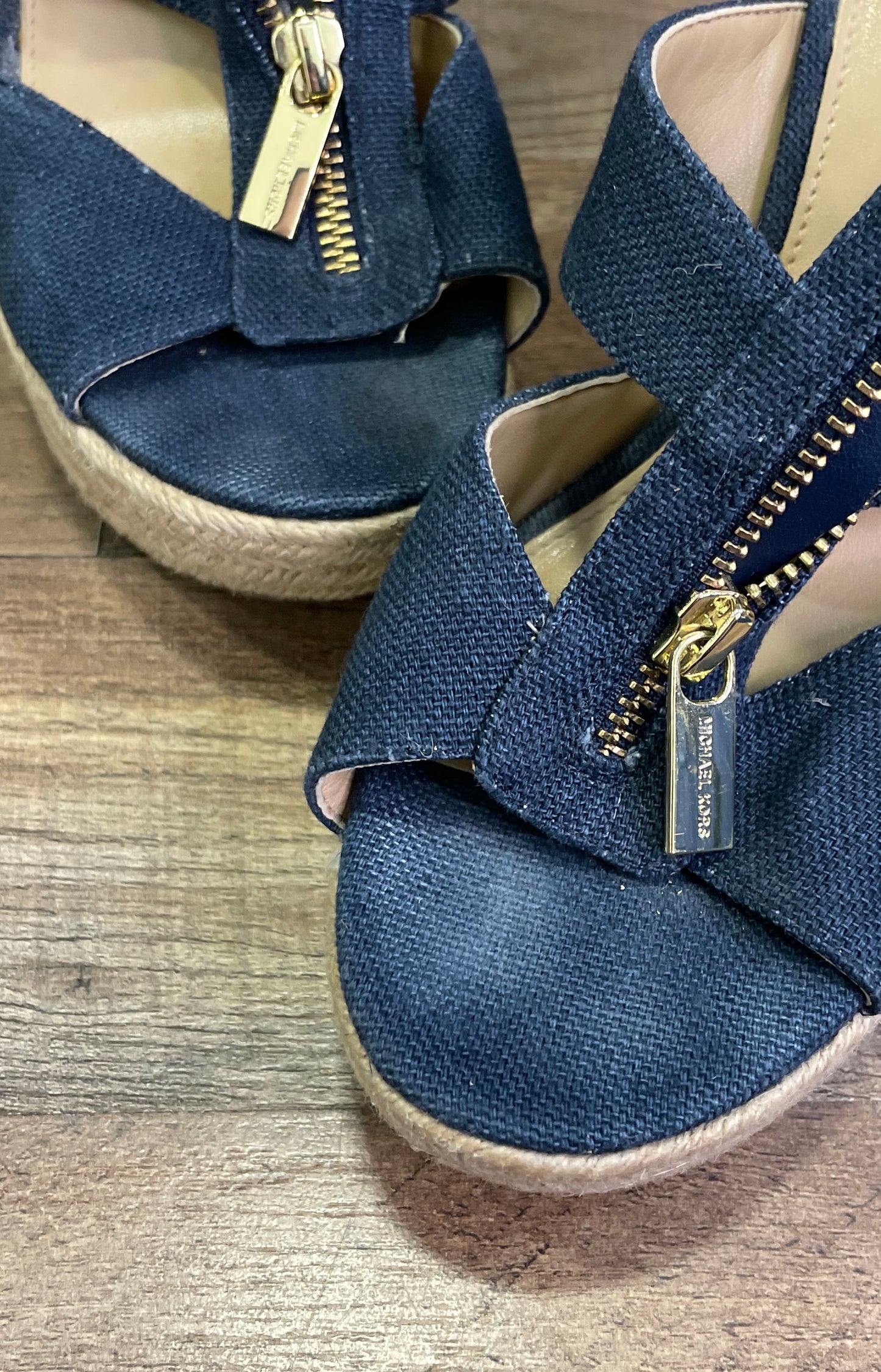 Michael Kors Damita Navy Blue Canvas Espadrille Wedge Sandals Women's Size 6.5M