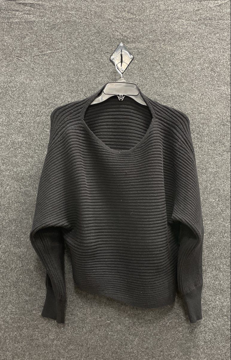Anthropologie Women's Black Ribbed Asymmetrical Hem Dolman Sleeve Sweater Sz L