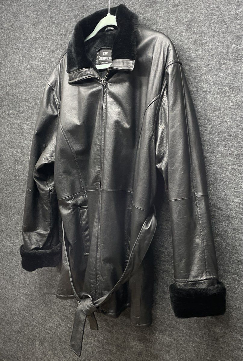The Connection New York Women's Black Leather Faux Fur Trim Belted Jacket Sz L