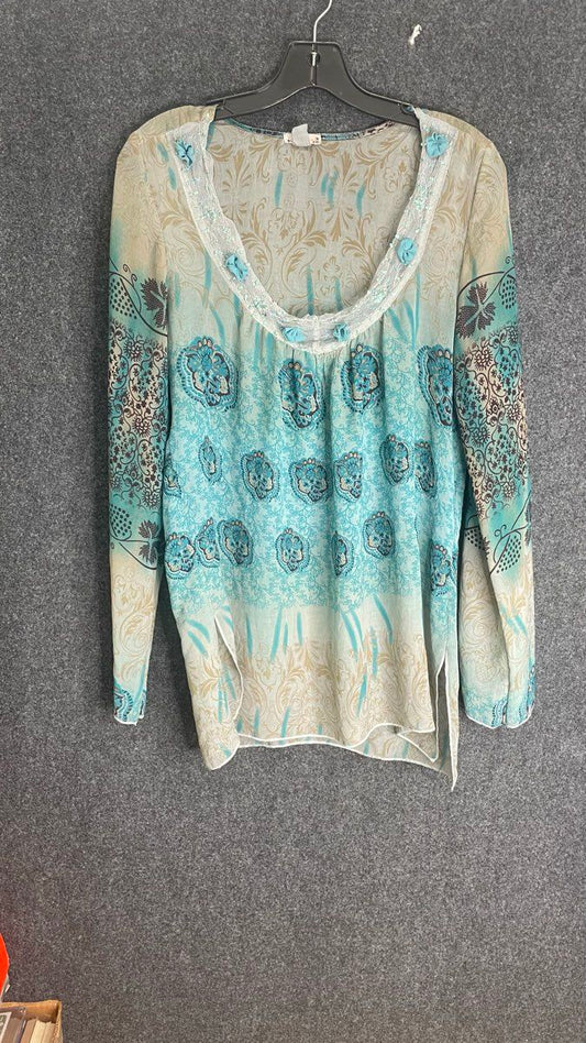LunaChix Women's Teal Blue Tan Bohemian Floral Paisley Sequined Blouse
