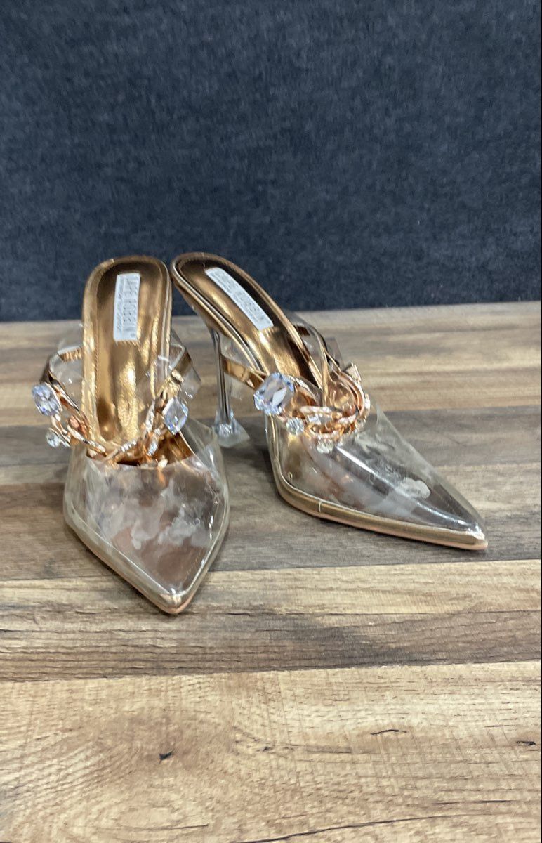 Cape Robbin Essex Rose Gold Clear PVC Pointed Toe Rhinestone Mules Size 11