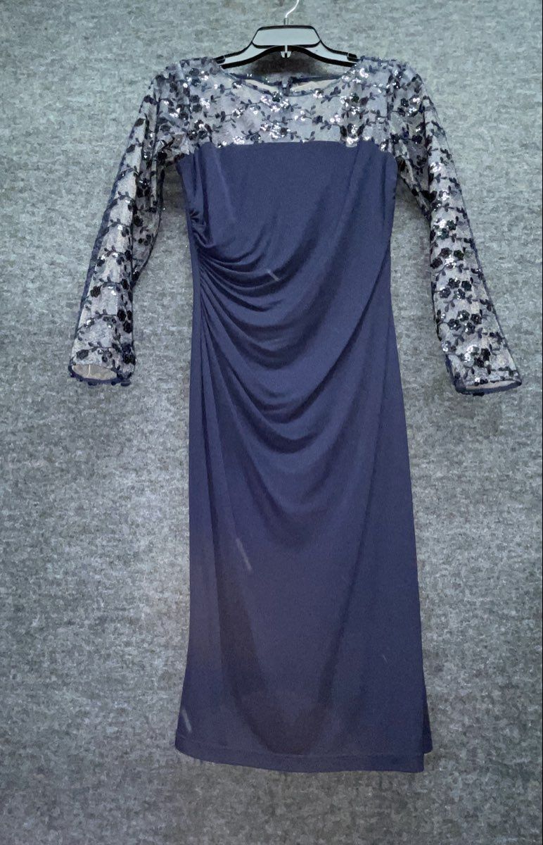 David Meister Navy Blue Floral Sequined Lace Top Ruched Sheath Dress Size 2