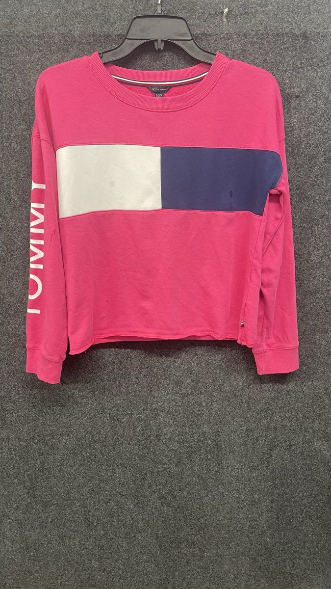 Tommy Hilfiger Women's Pink Colorblock Logo Graphic Raw Hem Sweatshirt Size L