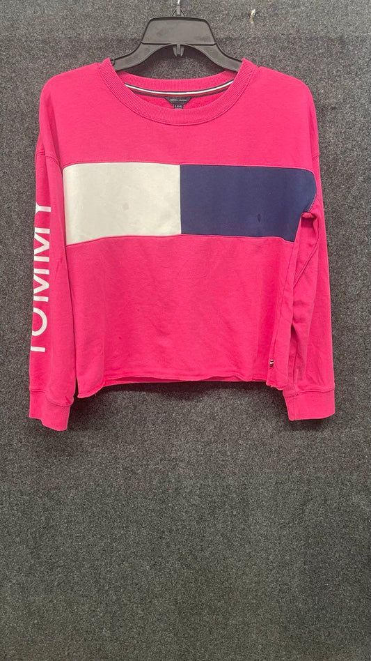 Tommy Hilfiger Women's Pink Colorblock Logo Graphic Raw Hem Sweatshirt Size L