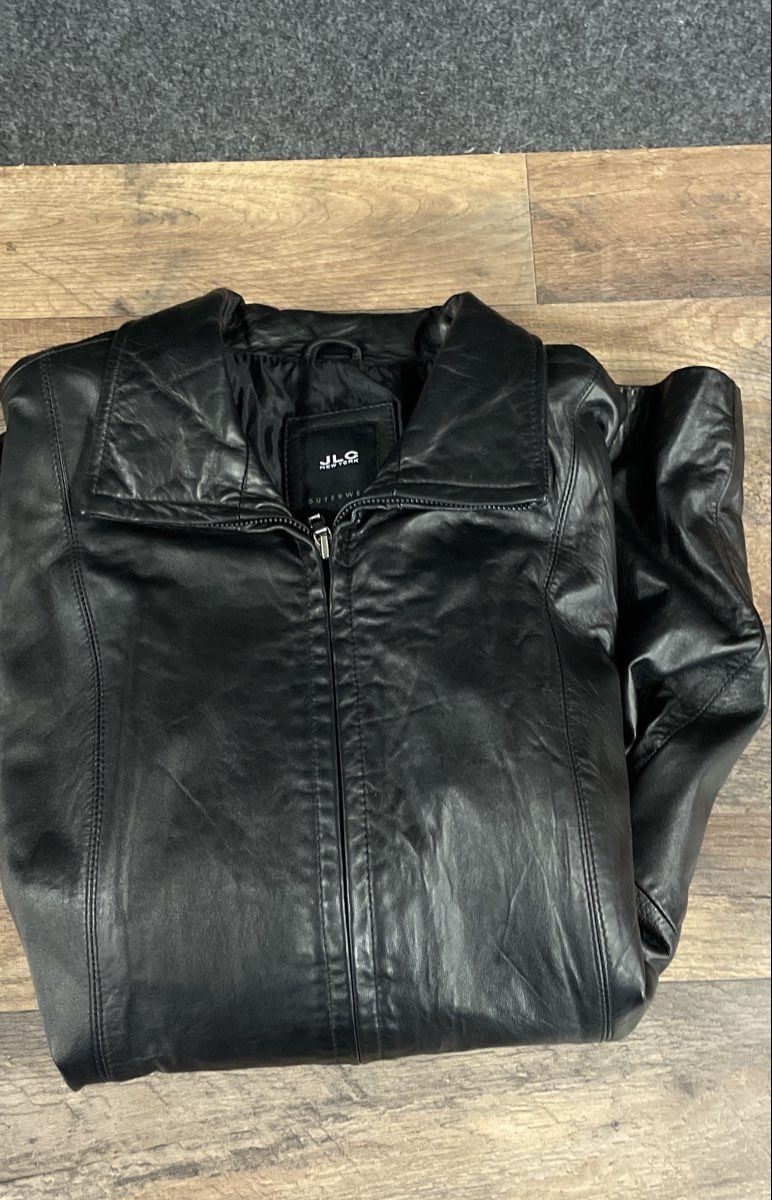 JLC New York Women's Black Leather Jacket Full Zip Drawstring Waist Sz L