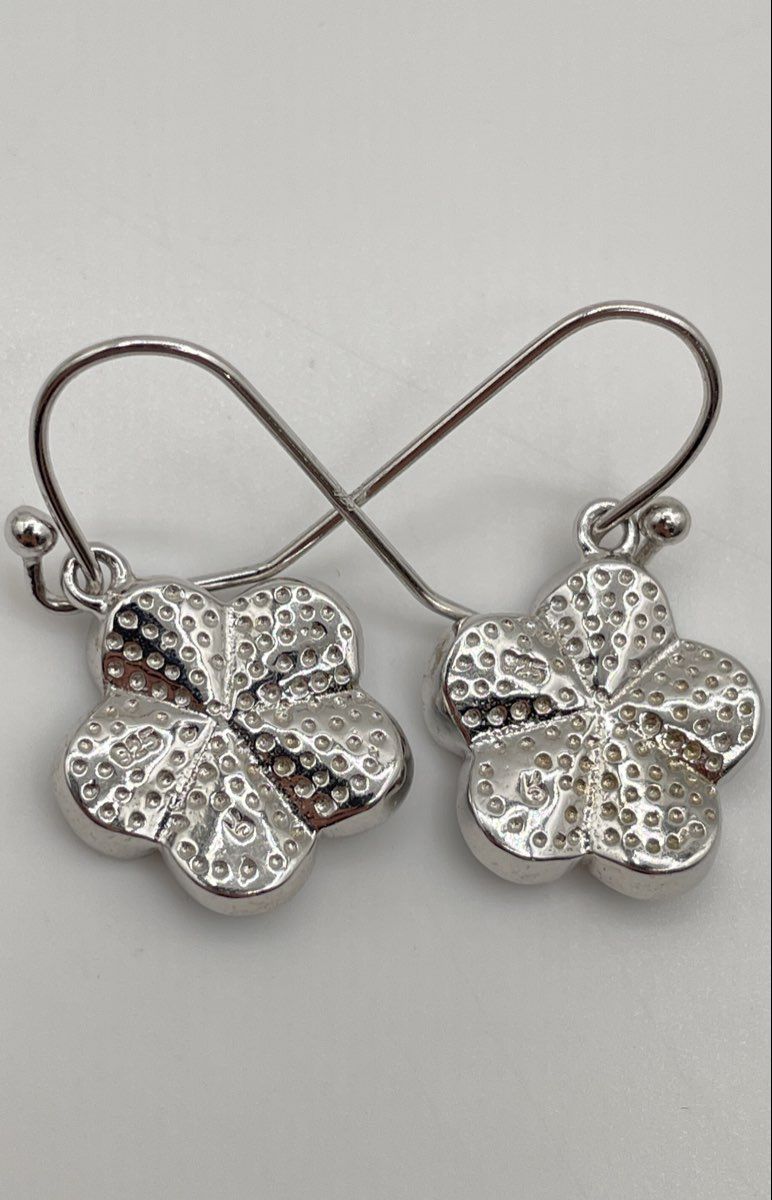 925 Sterling Silver Blue Opal Inlay Plumeria Flower Dangle Earrings 6.4g