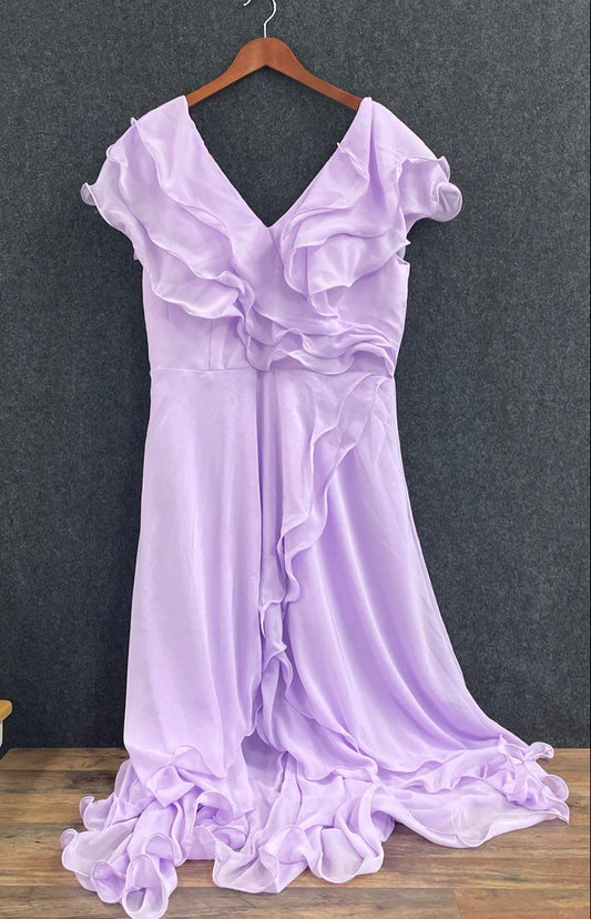 Women's Lavender Purple Chiffon Ruffle V-Neck Bridesmaid Maxi Dress Sz 16W