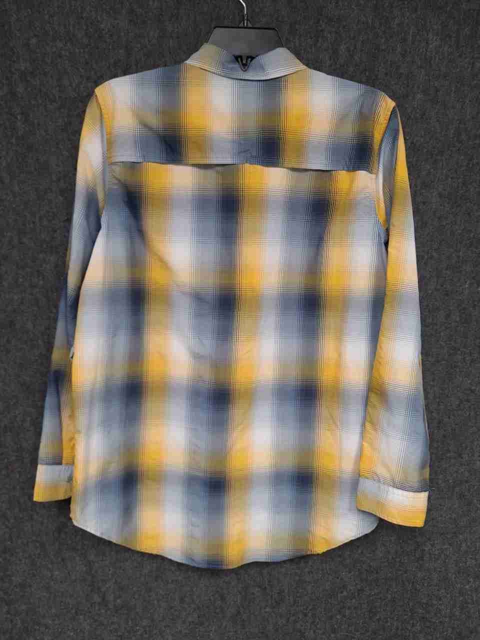Eddie Bauer Women's Yellow Blue Plaid Vented Roll Tab Long Sleeve Shirt Sz S