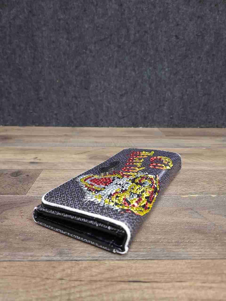 Ed Hardy Grey Vintage Y2K Tiger Rhinestone Trifold Long Wallet Clutch