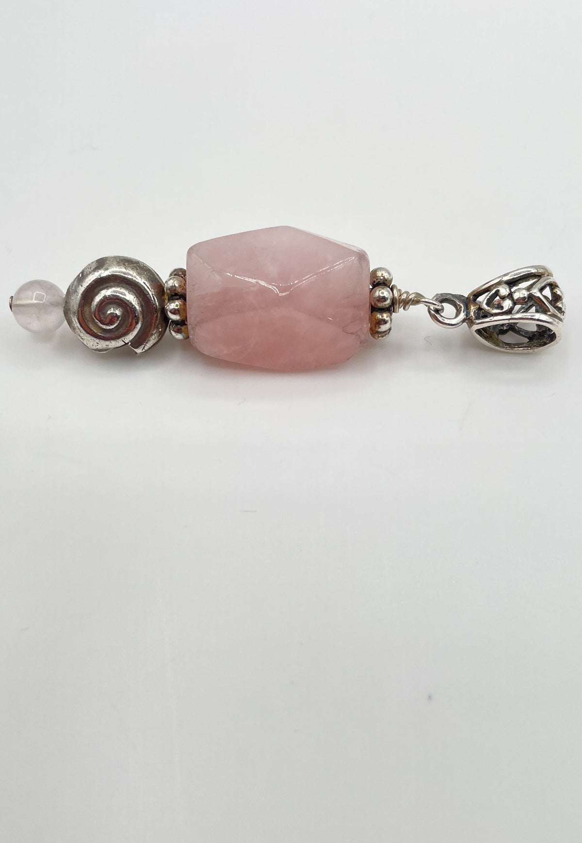 925 Sterling Silver Ornate Bead & Rose Quartz Pendant 11.8g